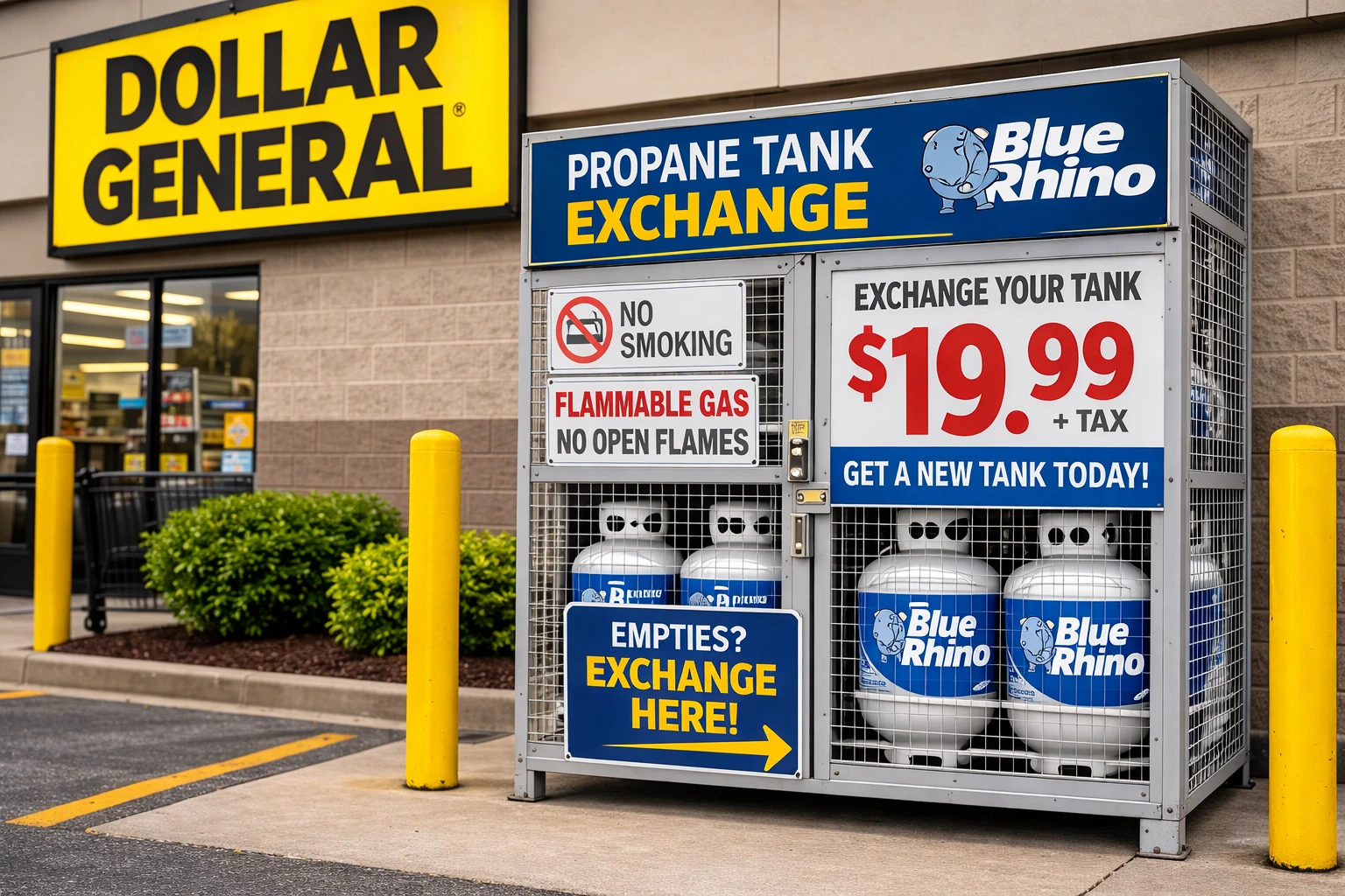Dollar General propane tank exchange cage outside store