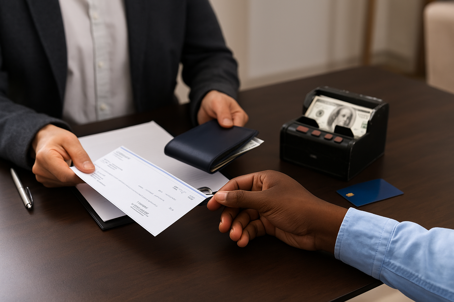 Bank counter with check, debit card, and wallet representing smart money management and avoiding extra fees
