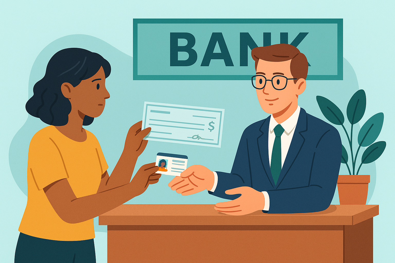 Illustration of a person cashing a check without a bank account at a financial service counter