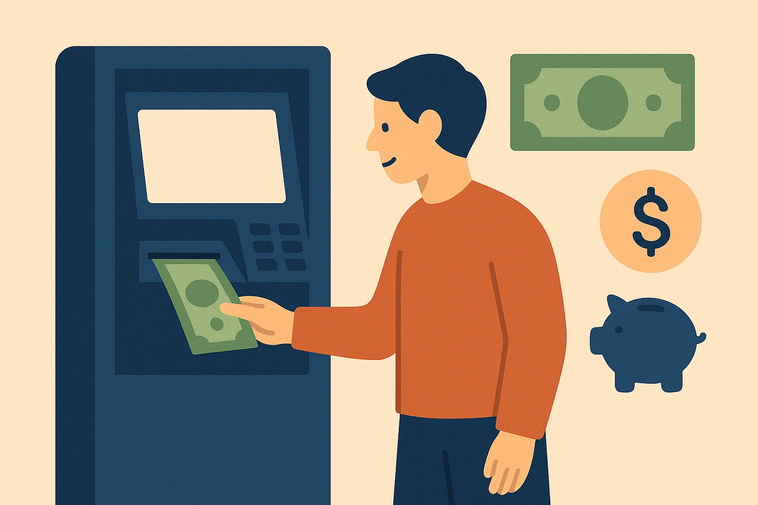 flat illustration of a person withdrawing cash from an atm with small bills and simple finance icons
