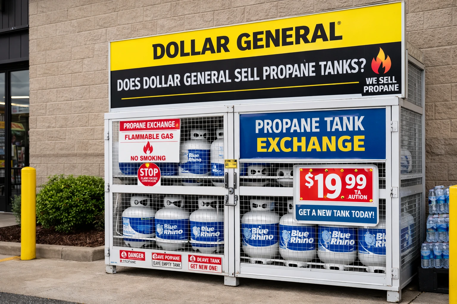 propane tank exchange cage outside a Dollar General store